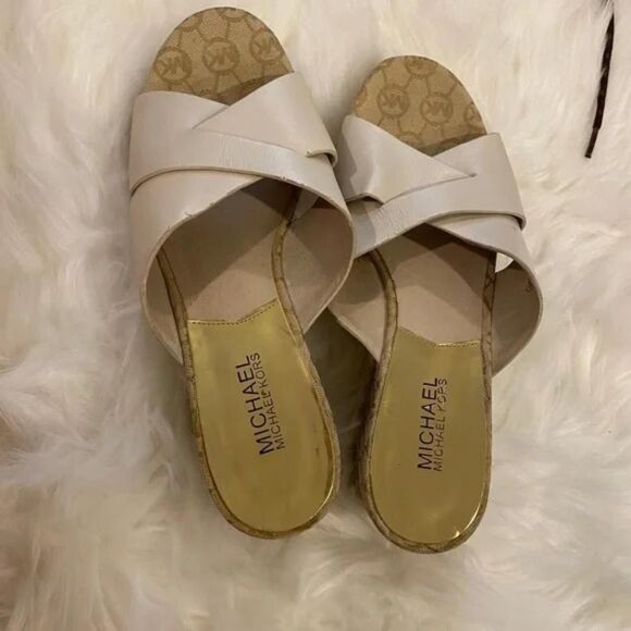 Micheal by Micheal Kors Wedge Slip-on Sandals. Off White/Gold, Sz 8 - Picture 1 of 8